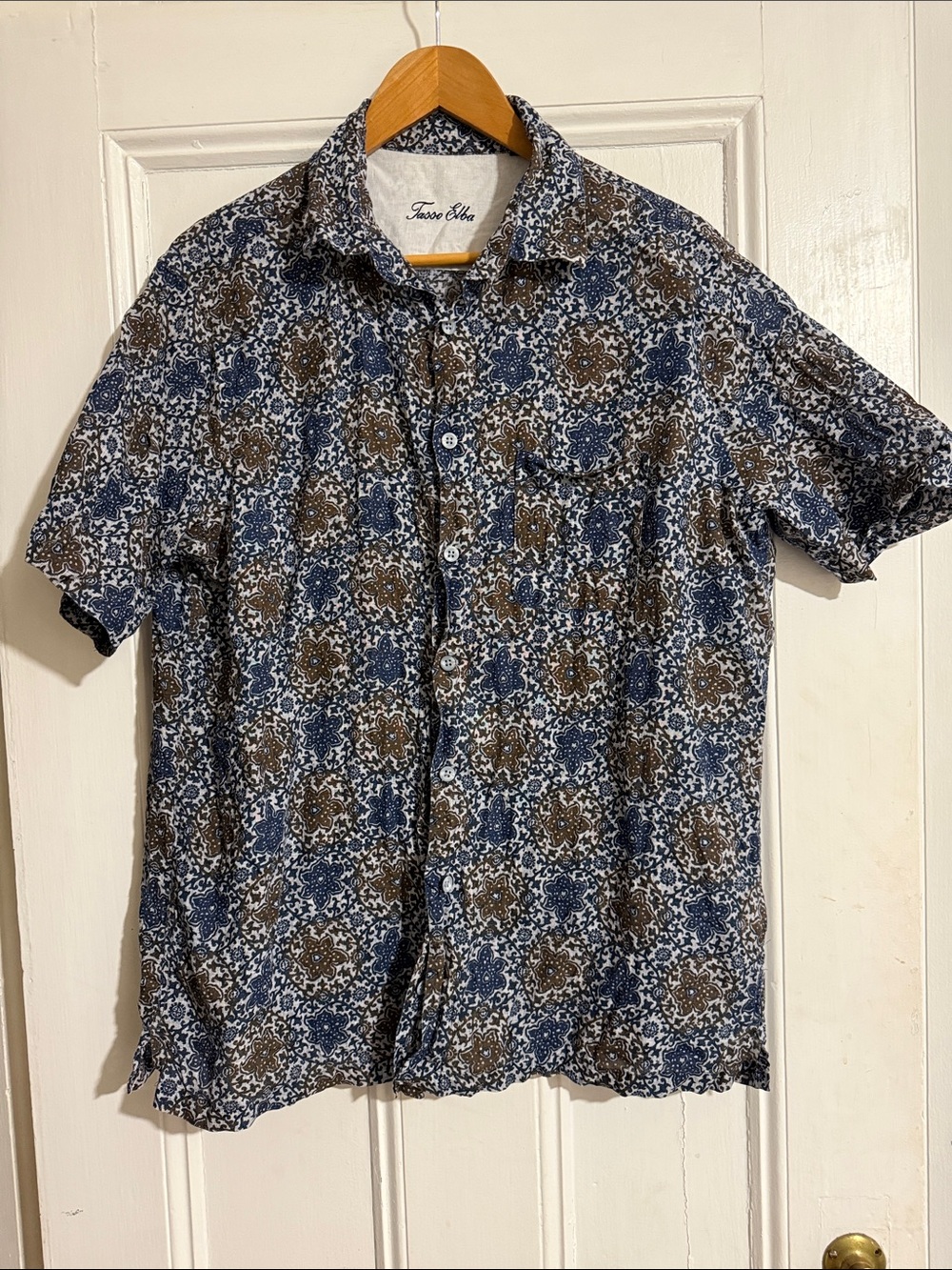 Tasso Elba Mens Large 100% Linen Short Sleeve Paisley Medallion Button‎ Down